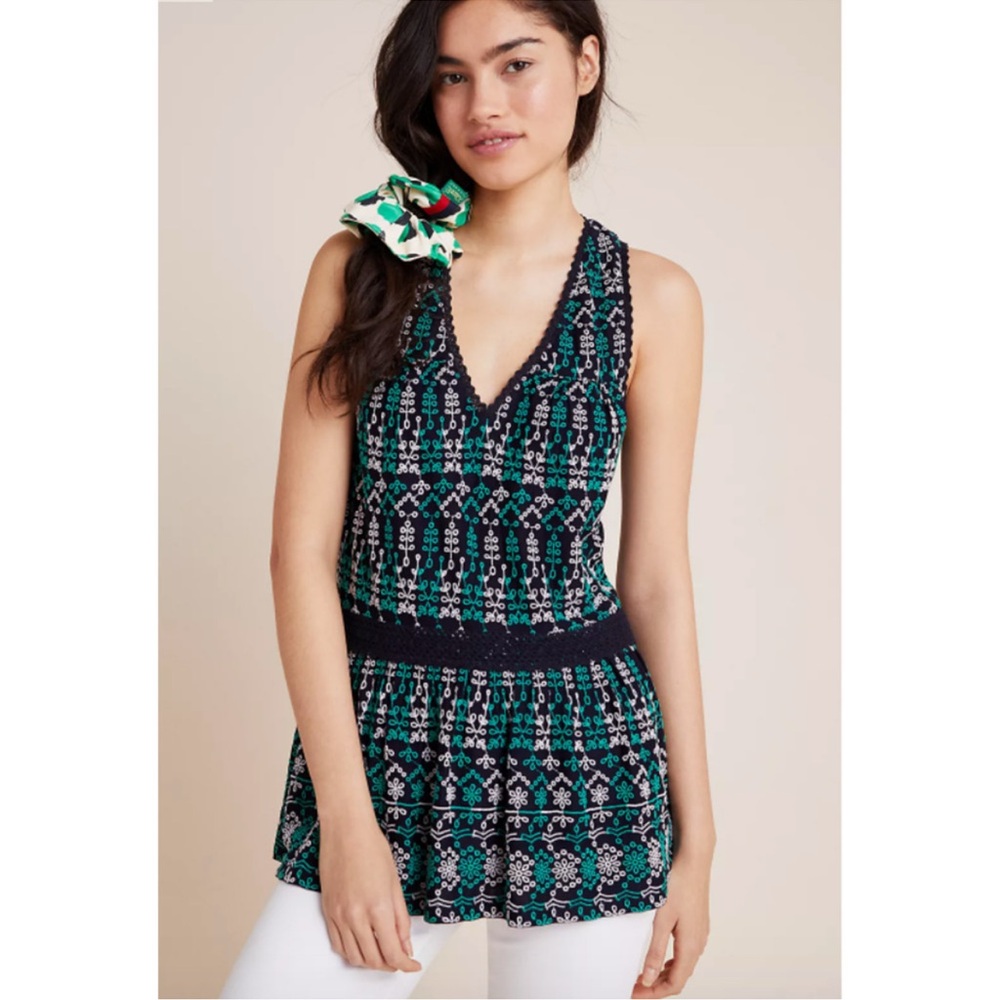 Maeve Anthropologie Cammie Embroidered Peplum Tank Top - MEDIUM